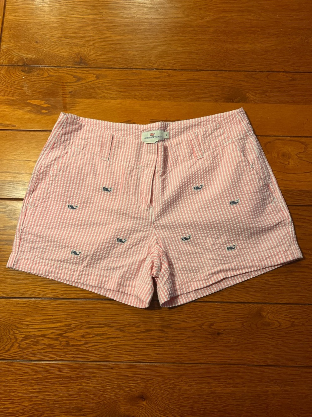 Vineyard Vines Pink Seersucker Embroidered Whale High-Waist Shorts